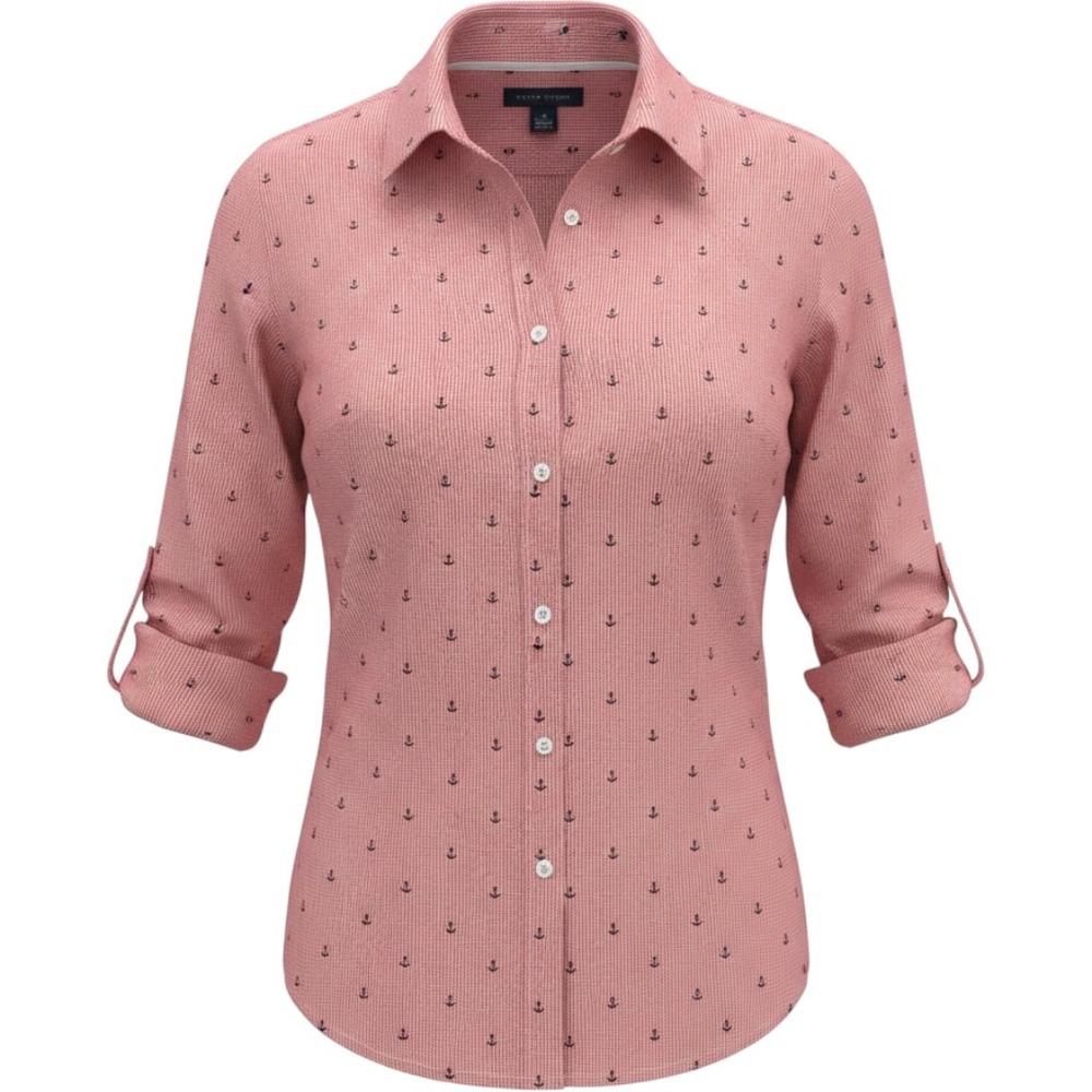 Tommy Hilfiger Womens Red Gingham Anchor Print Roll Tab Button Down Shirt Large